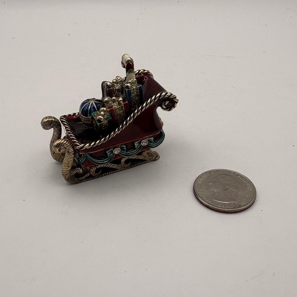 Monet Enameled Christmas Sleigh Trinket Box Red Gold Tone Crystal Accents